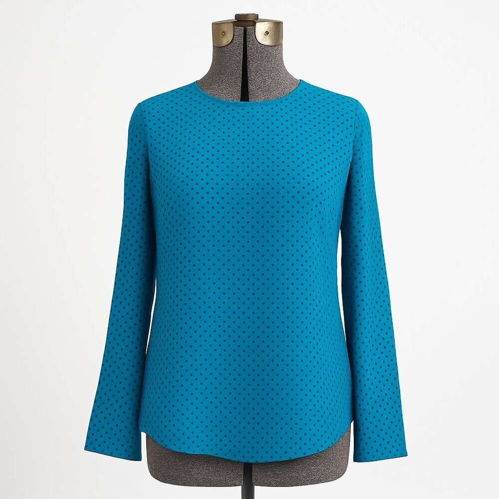 Akris Punto 100% Silk Teal Polka Dot Blouse Size 6 | Long Sleeve Designer Top